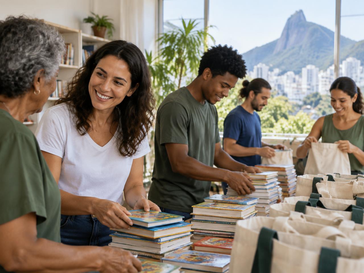 Imagem ilustrativa de voluntários organizando livros em um projeto social